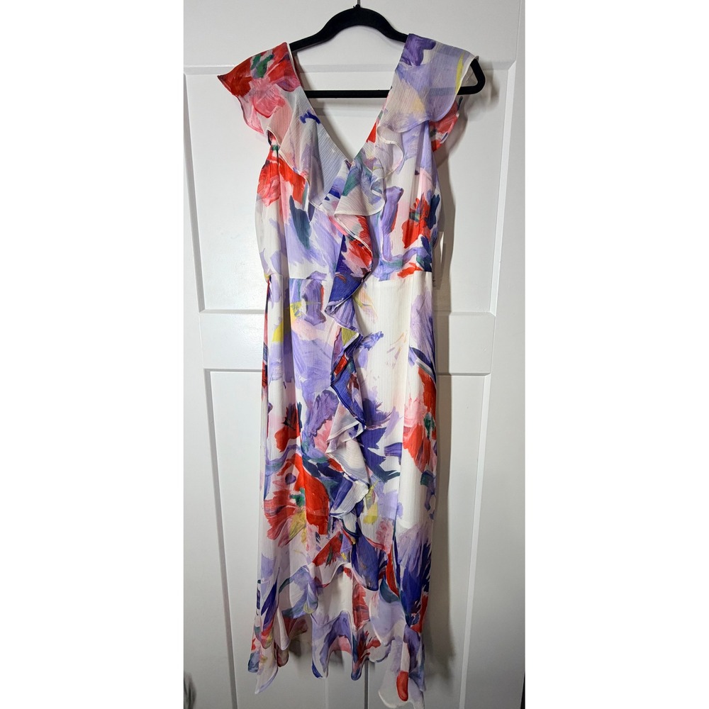 Harper Rose Floral V-Neck Midi Dress Womens 12 Orange Multi NEW Ruffle High-Low